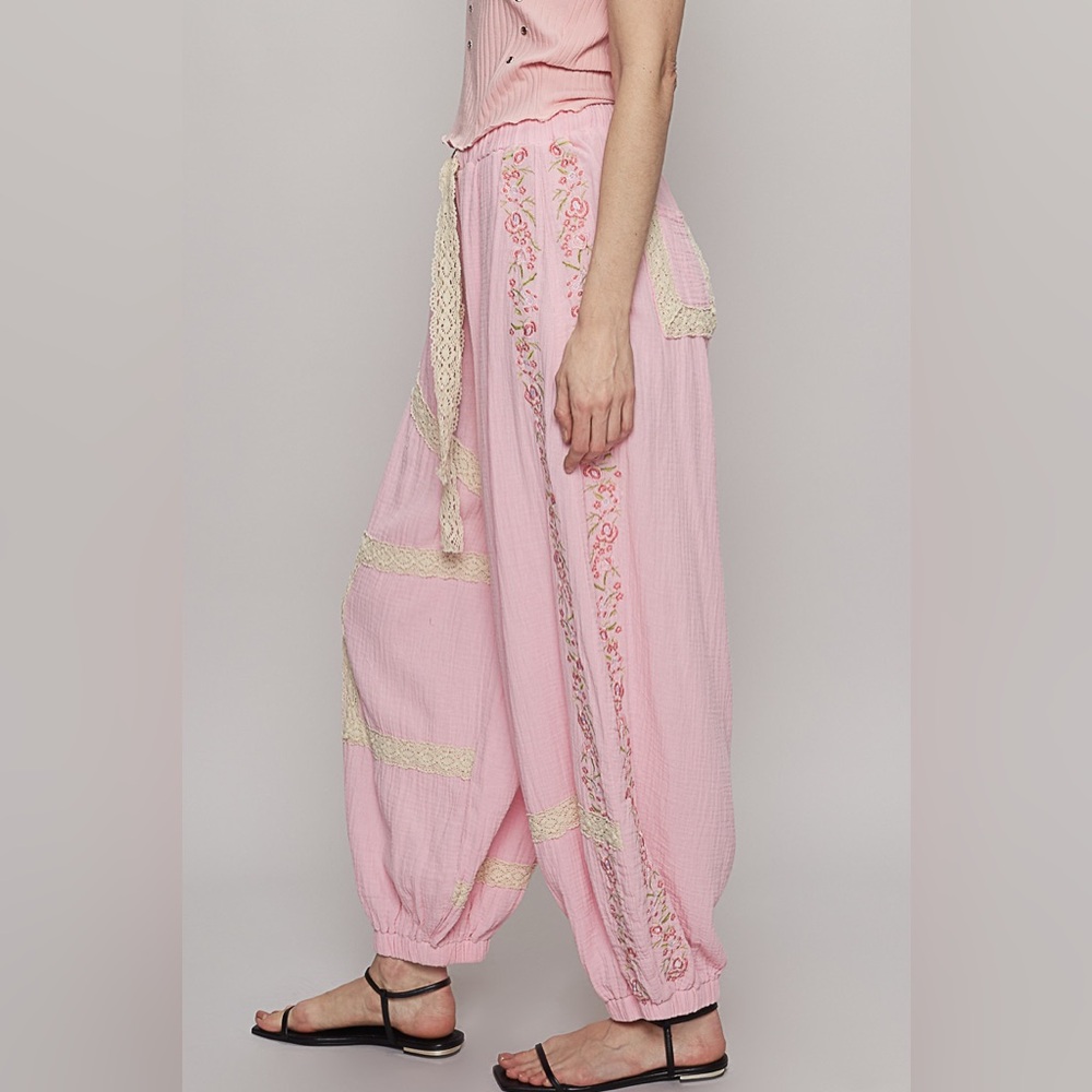 #248. Floral Embroidery Boho Joggers- Pink